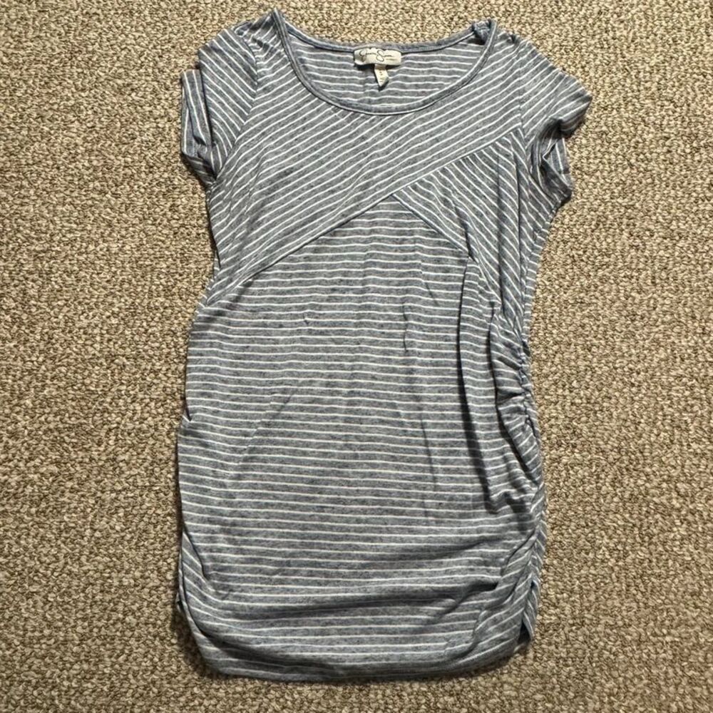 Jessica Simpson Maternity Top Blue Striped Ruched Short Sleeve Size Medium